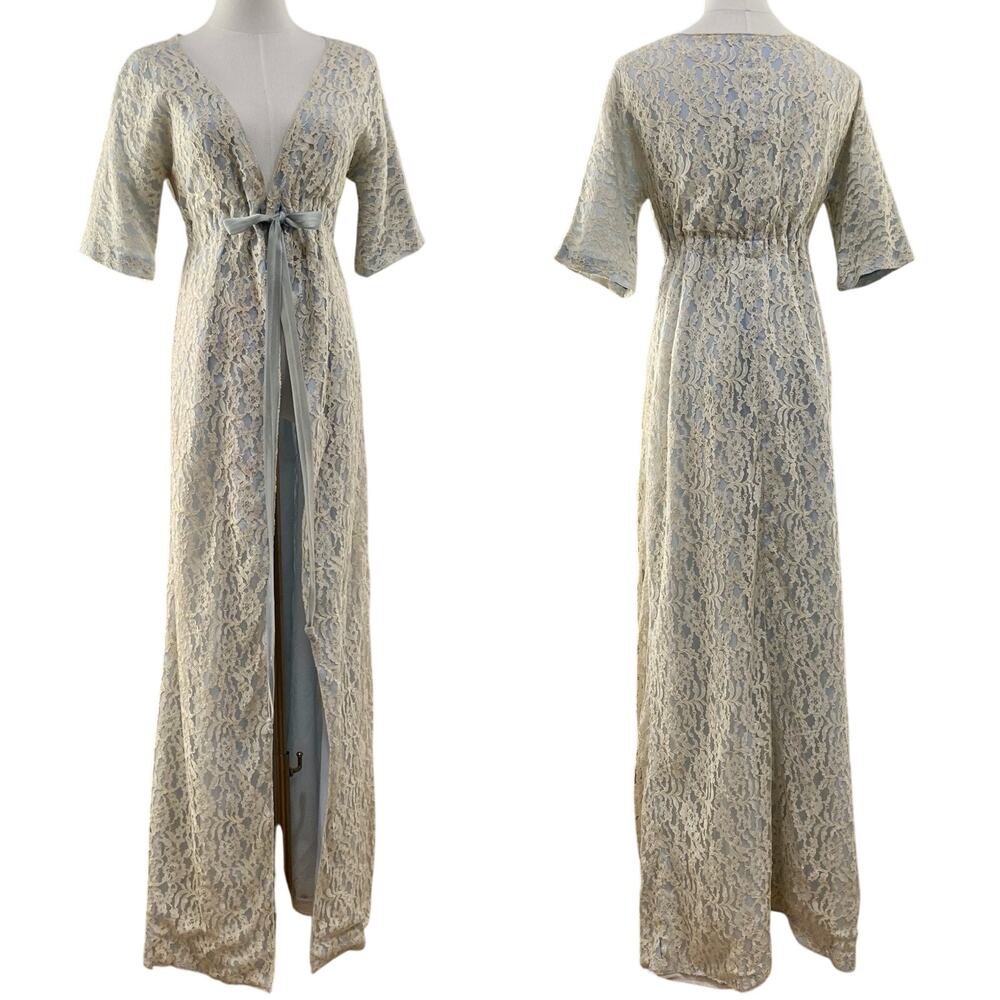 Vintage 40s Handmade Blue Rayon Lace Overlay Maxi Dressing Robe Women's Size S